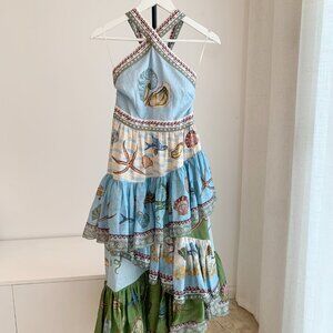 Alemais Ocean Embroidered Tiered Midi Dress with Cross Back